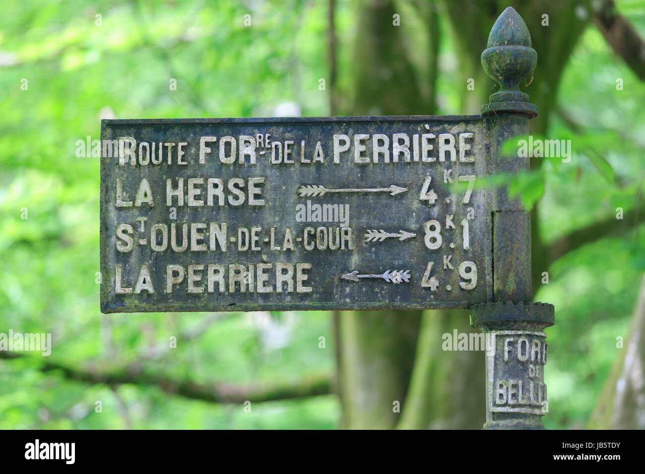 France, Orne (61), Parc Régional Naturel du Perche, forêt de Bellême vers La Perrière, ancien panneau de signalisation fréquemment conservé dans cette Stock Photo