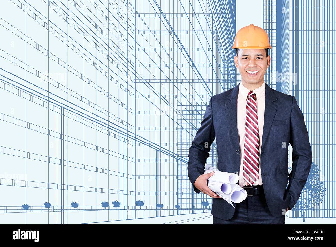 1 Indian Man Architect Holding Blueprint Buildings Engineer Real Estate Project Digital Picture Stock Photo