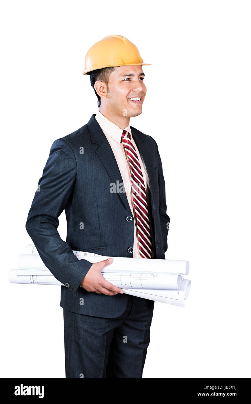 1 Architect Engineer Man Real Estate Project Holding Blueprint Thinking Looking Away Stock Photo