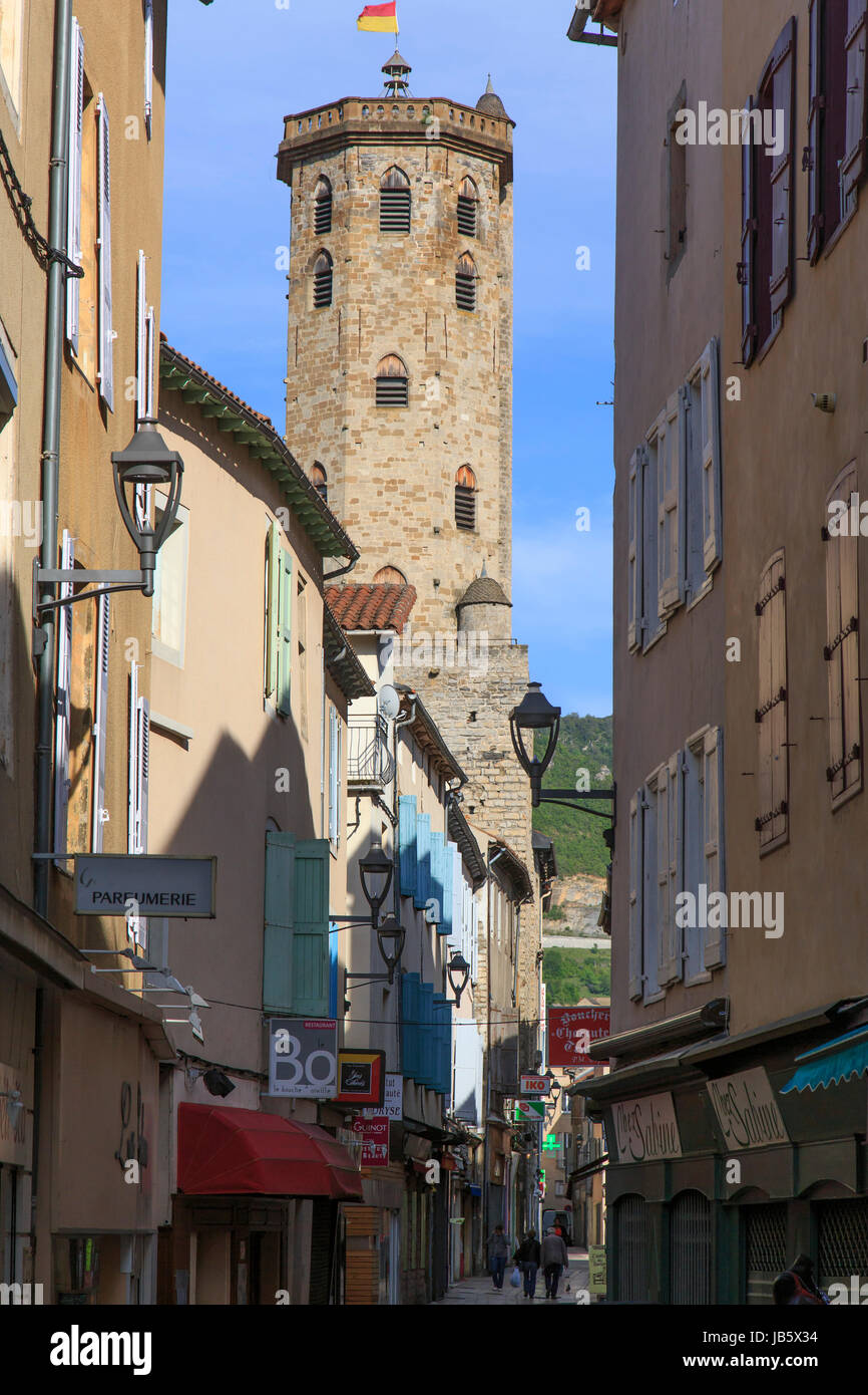 France, Aveyron (12), Millau, rue Droite et le beffroi // France, Aveyron, Millau, Droite street and the belfry Stock Photo
