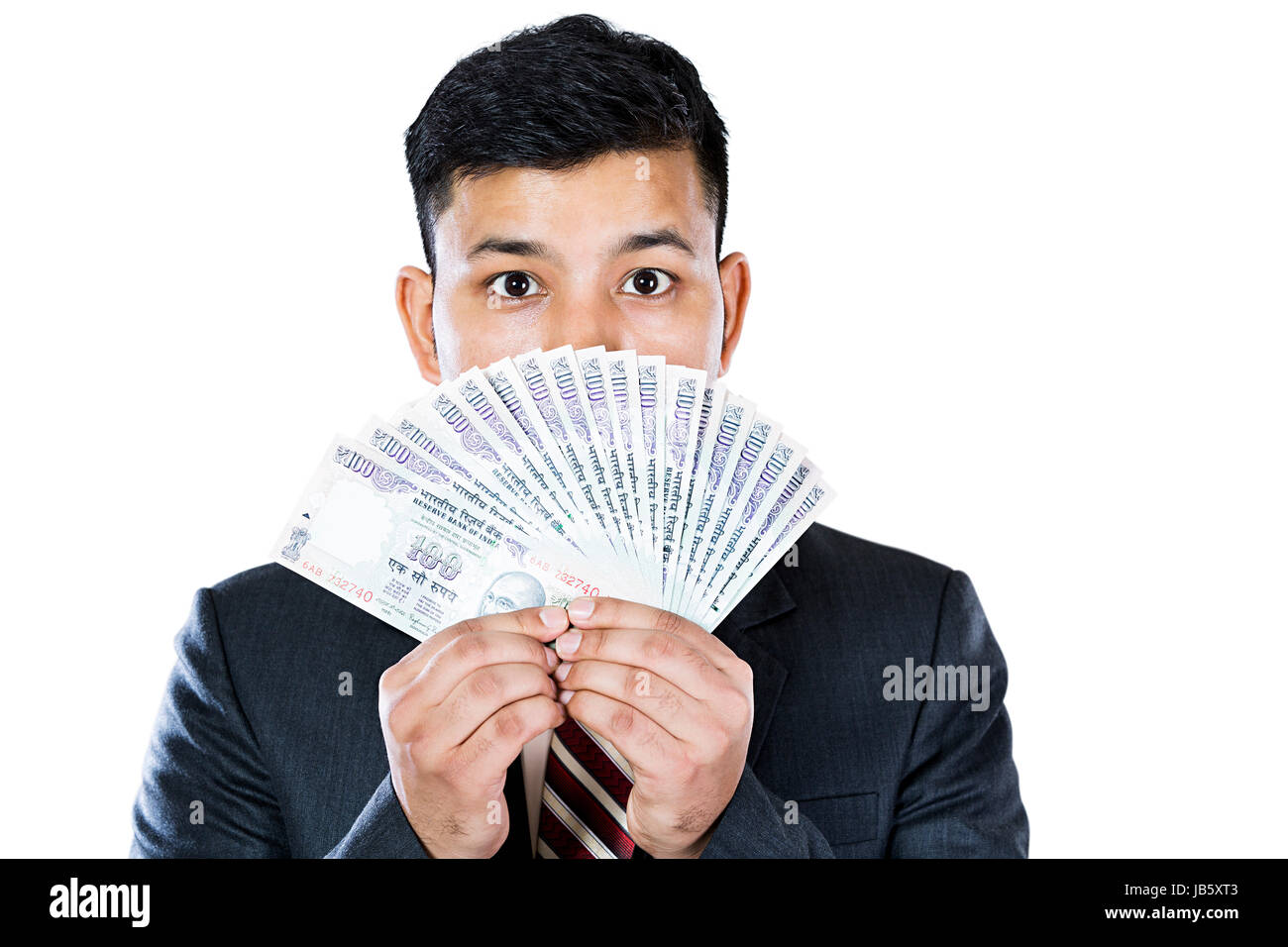 1 Indian Business man Covering Face Money Rupees Notes Stock Photo