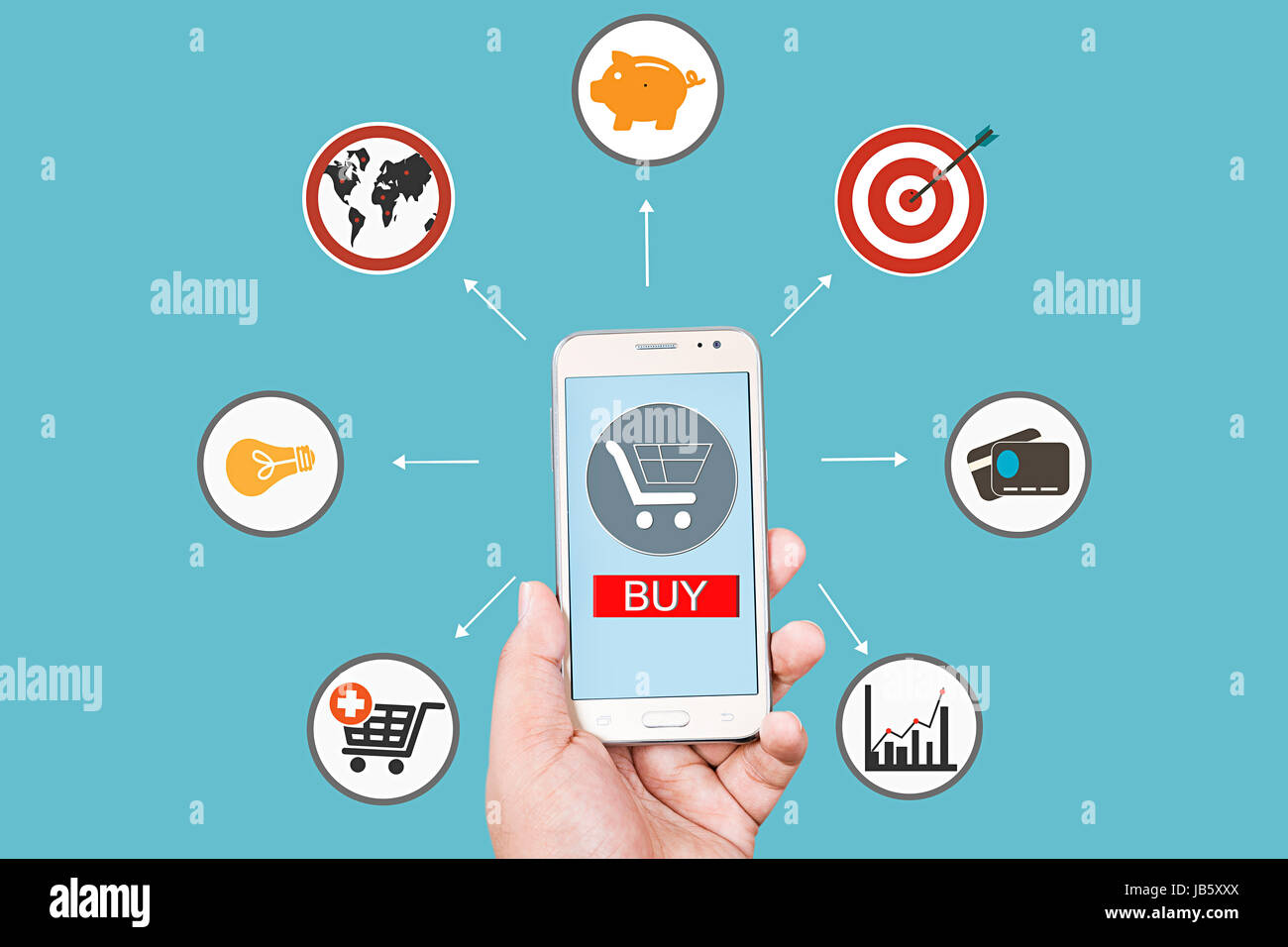 1 Man Holding Smart phone Buying Shopping and Retail Illustration Painting Symbol Stock Photo