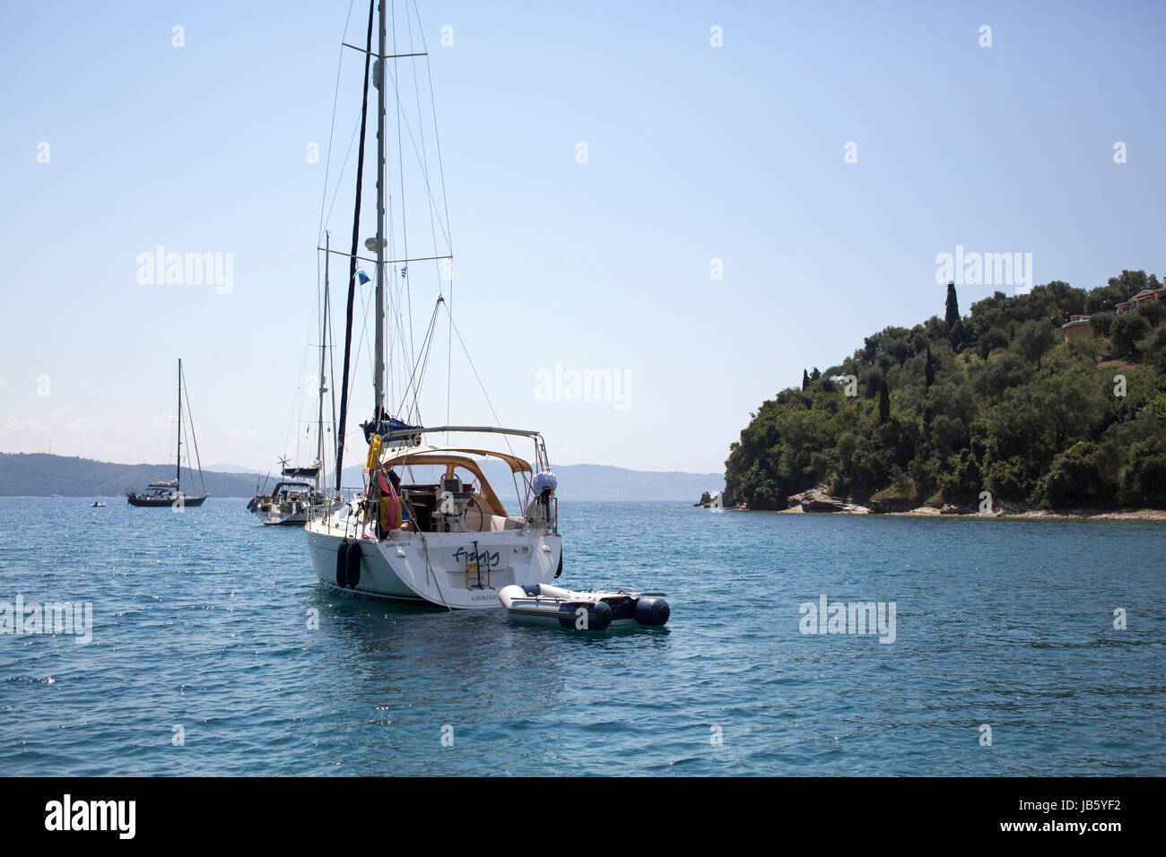 yachts at anchor in Corfu Stock Photo