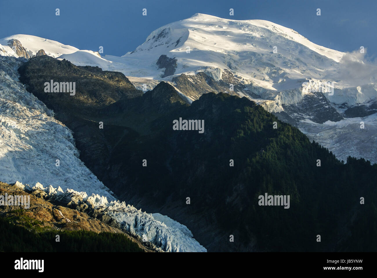 Panoramic view of Mont Blanc Massif. Bossons Glacier in the French Alps ...