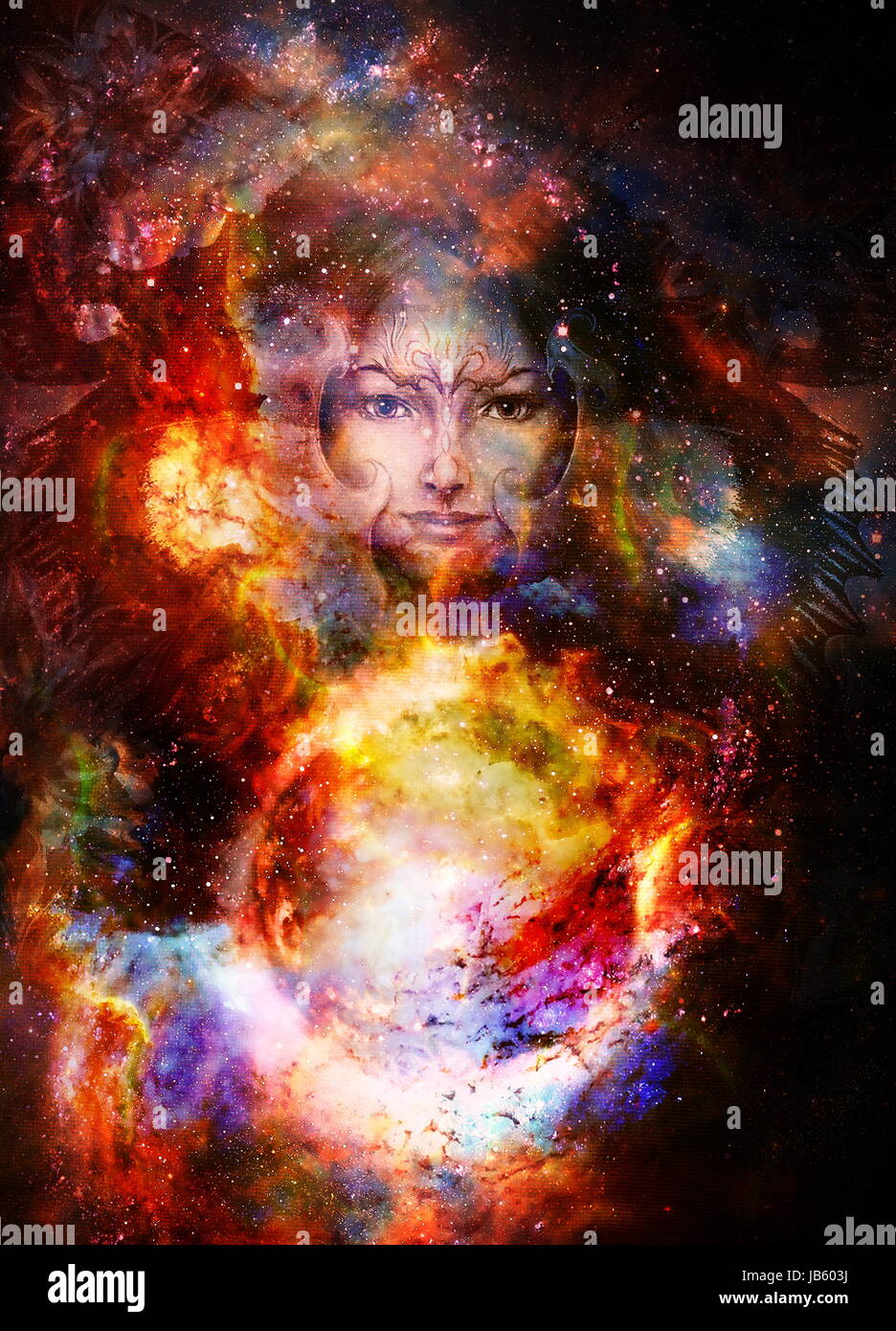 Goddess Woman and and fire planet. Cosmic Space background Stock Photo ...