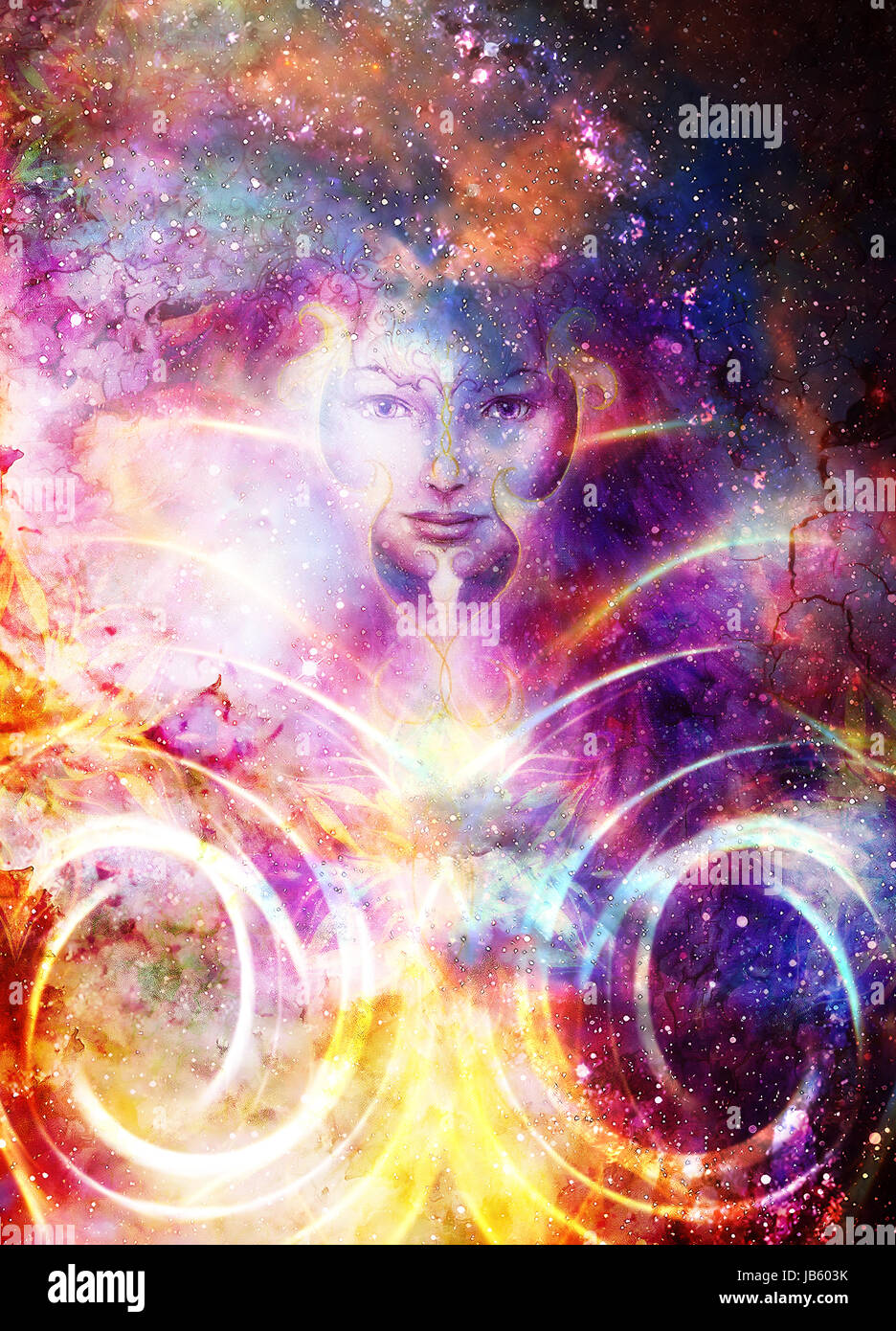 Goddess Woman and light circle and ornamets in Cosmic space. Cosmic ...
