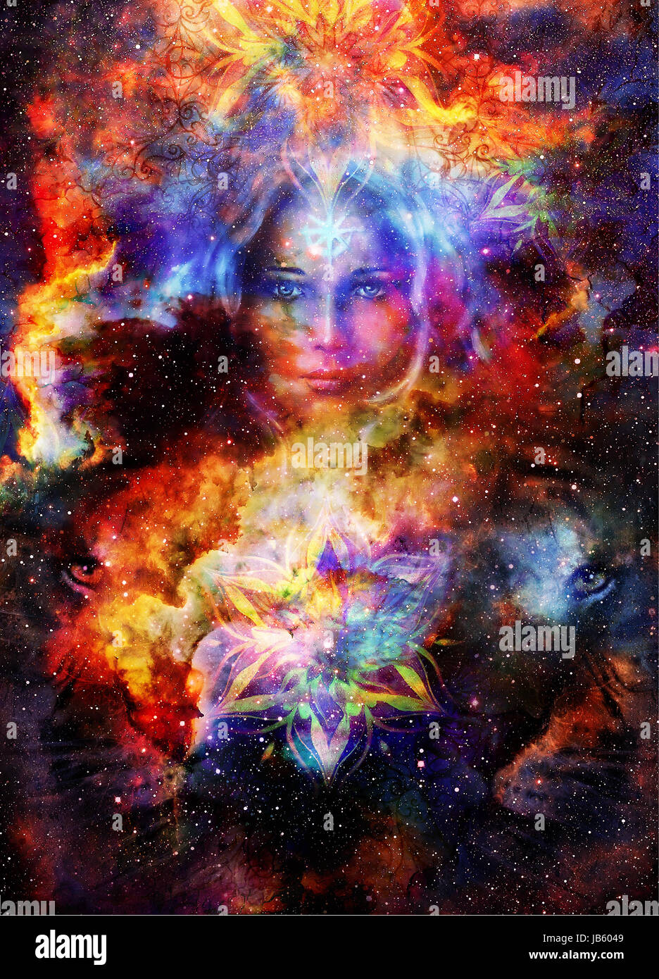 Goddess Womain and lion eye and ornametal mandala in Cosmic space ...