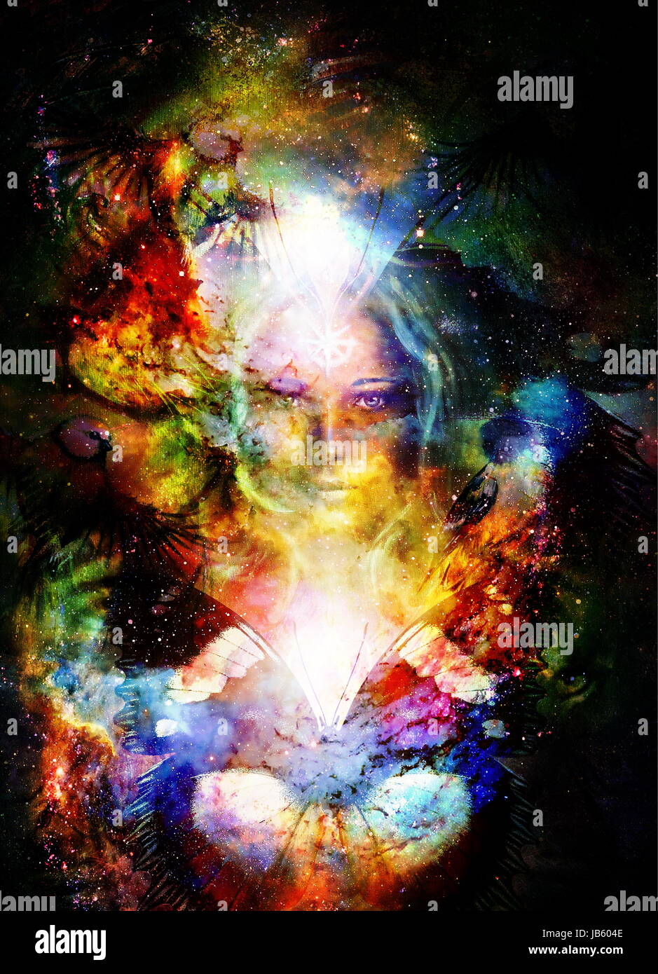 Goddess Woman and butterfly and bird in Cosmic space. Cosmic Space ...