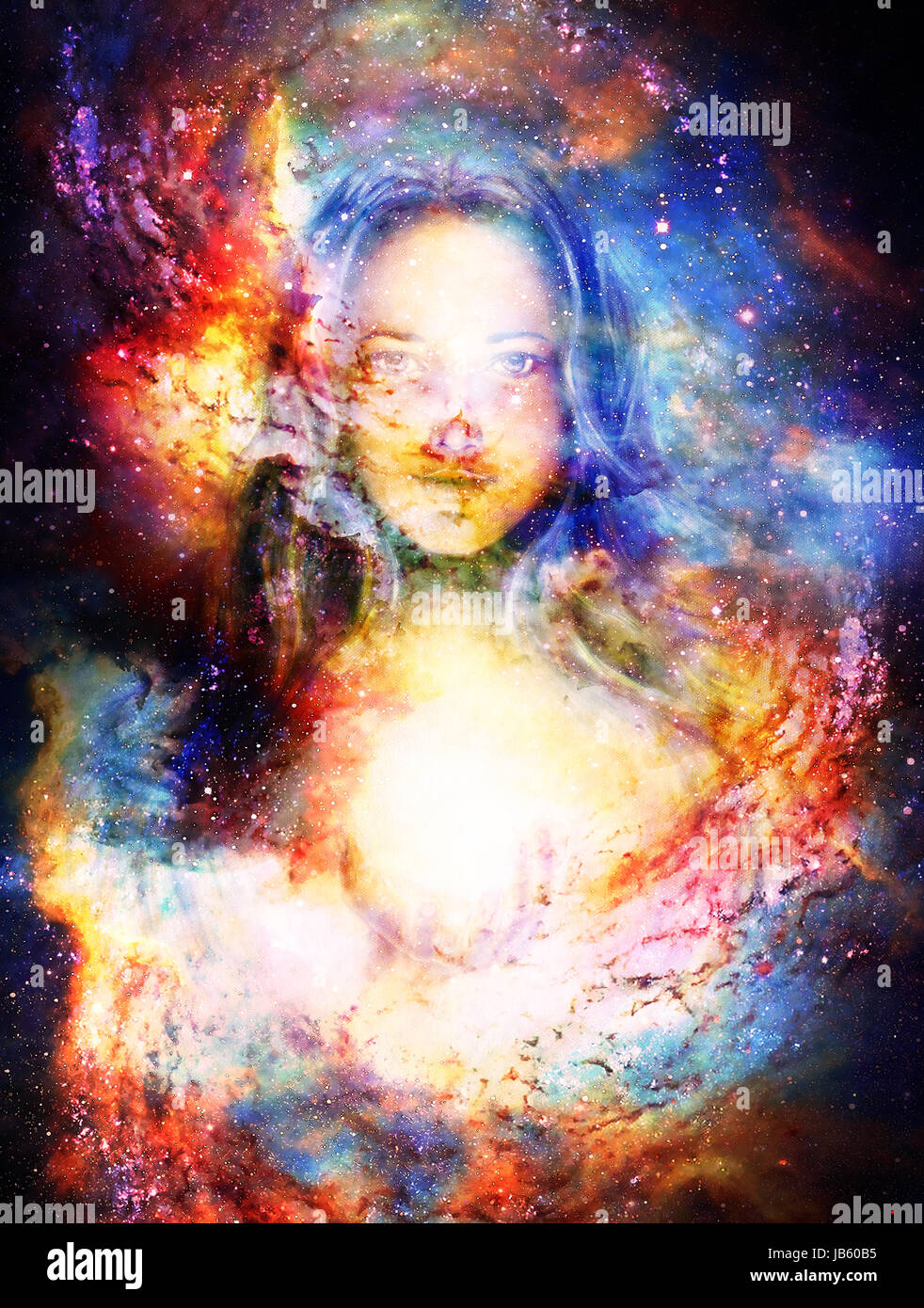 Goddess Woman in Cosmic space. Cosmic Space background. eye contact ...