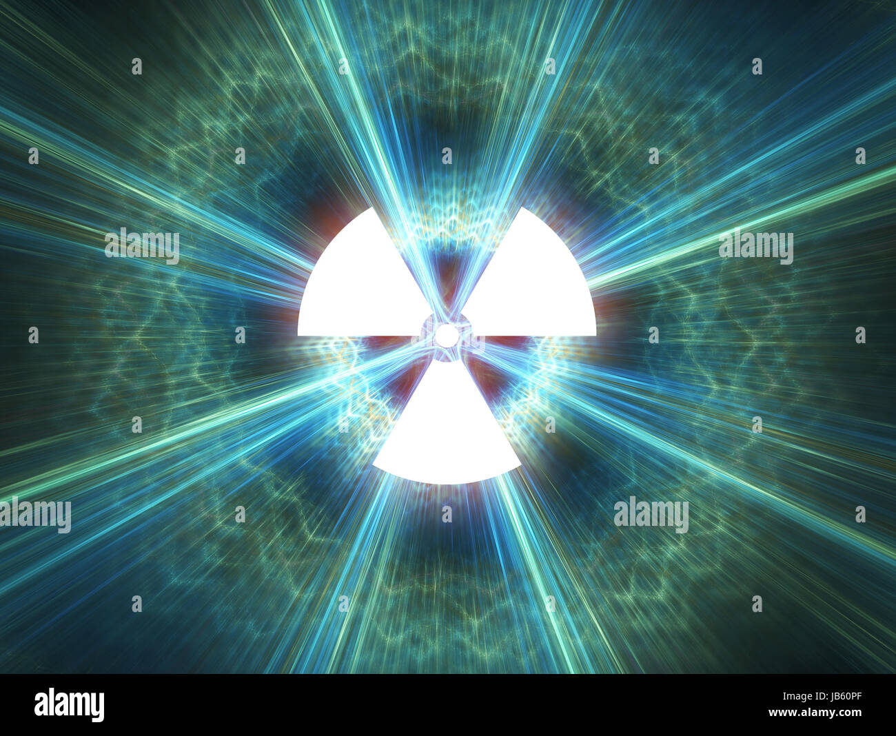 Nuclear radiation symbol on a blue background. Simple Flat design. Stock Photo