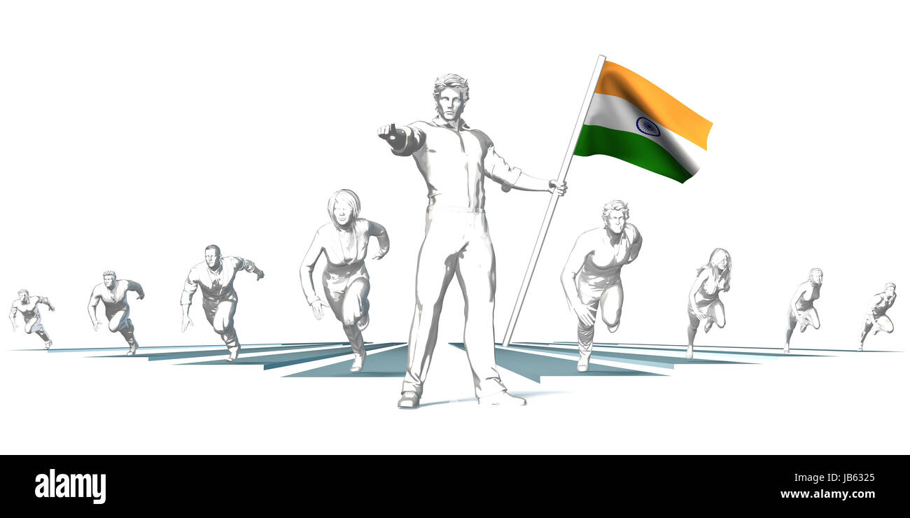 India Racing to the Future with Man Holding Flag Stock Photo