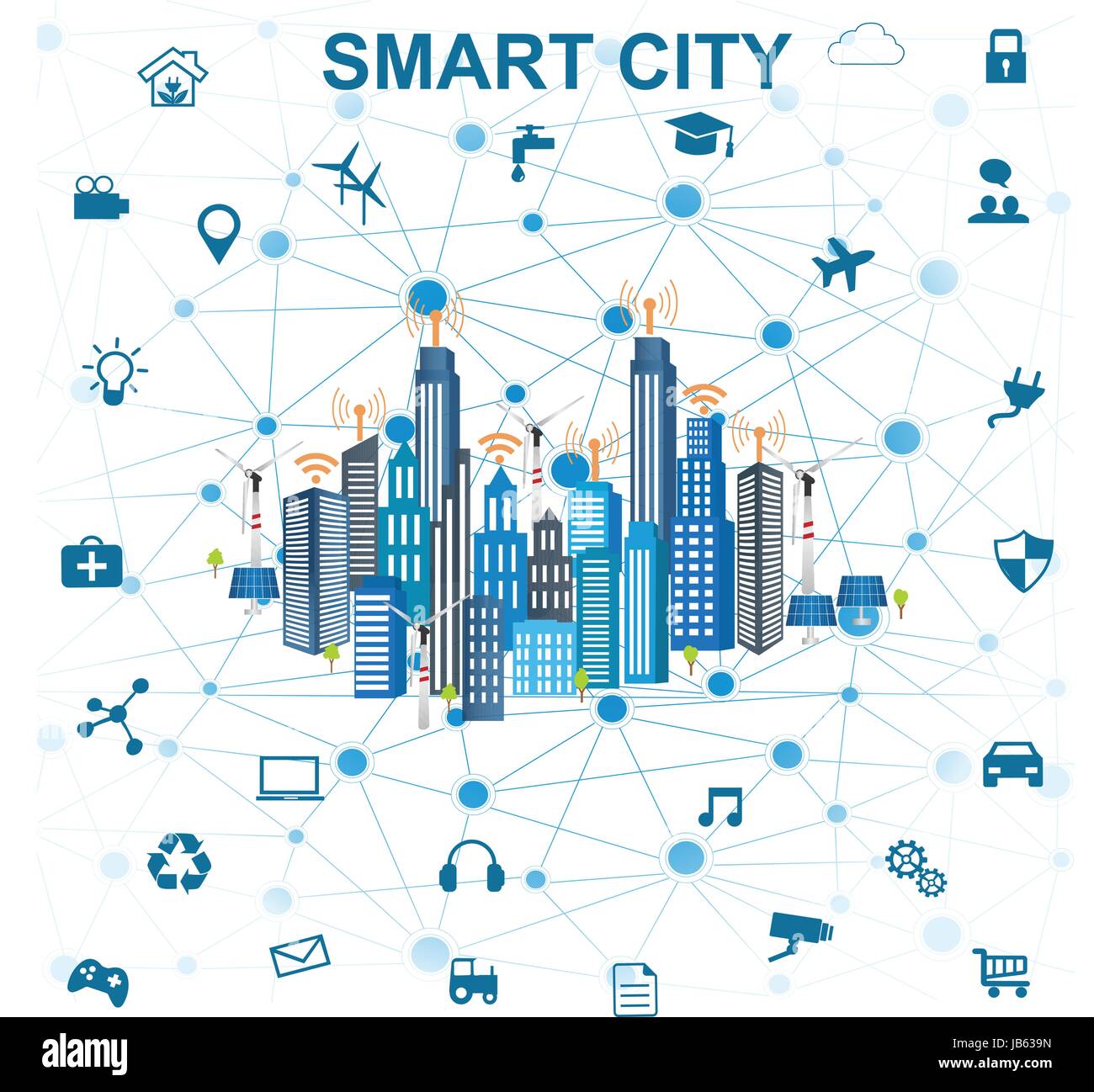 Smart city concept with different icon and elements. Modern city design with future technology for living. Illustration of innovations and Internet of Stock Vector