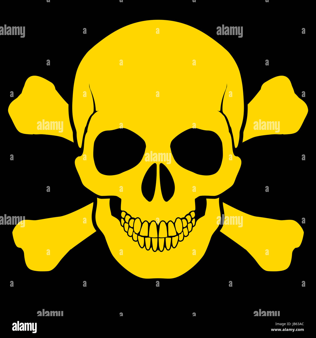 Yellow skull and crossbones on black background. Symbol of danger