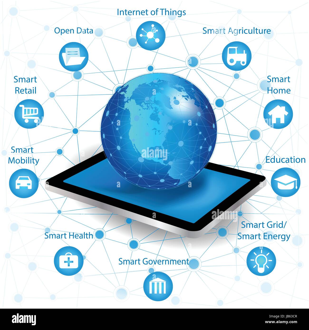 Internet networking concept and Cloud computing technology. Laptop with Smart city in background  with different icon and elements.Internet of things/ Stock Vector