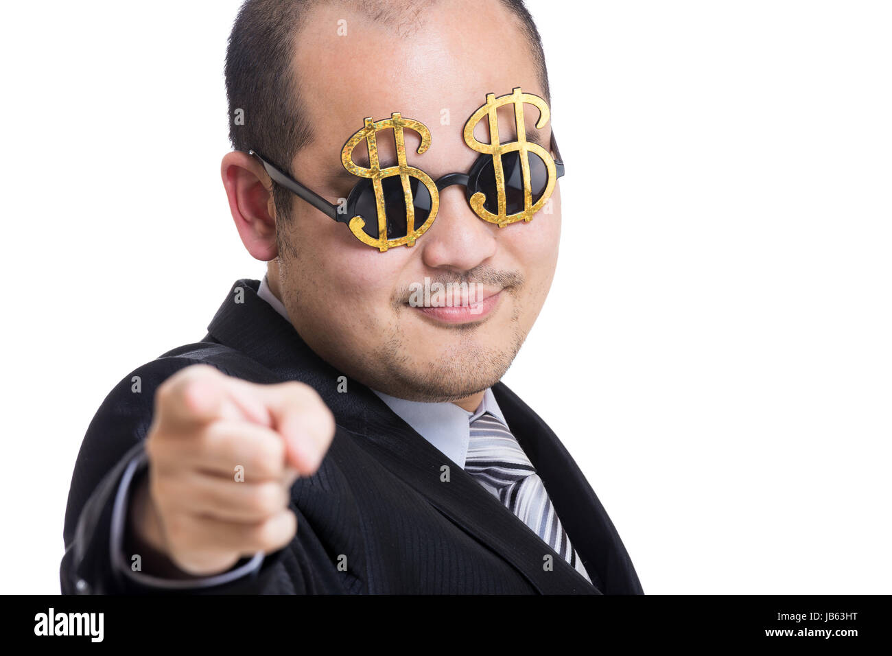 Rich businessman wear dollar sign glasses pointing to you Stock Photo -  Alamy