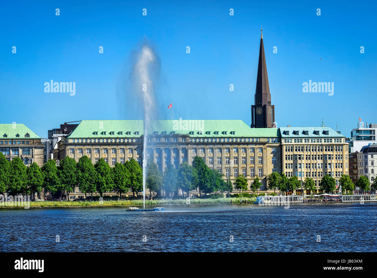 Inner Alster Lake and Hapag Lloyd headquarters in Hamburg, Germany Stock Photo