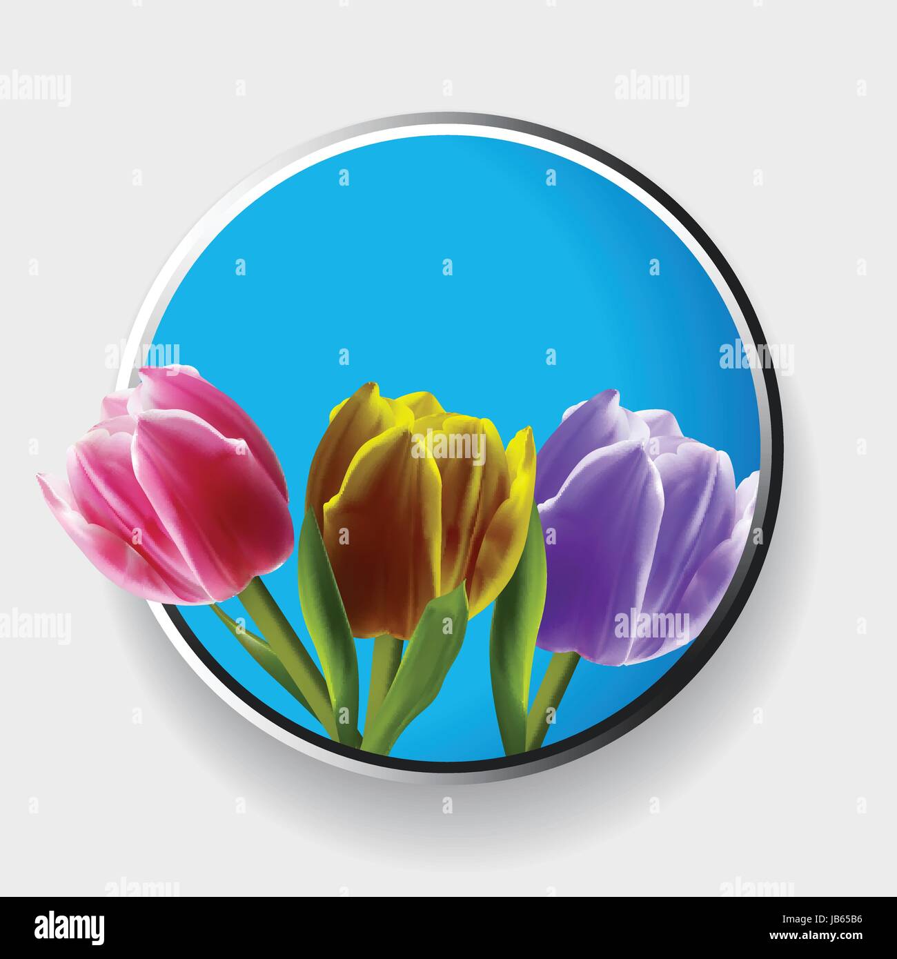 3D Illustration of Trio of Pink Yellow and Purple Tulips Over Metallic and Blue Border With Shadow Stock Vector