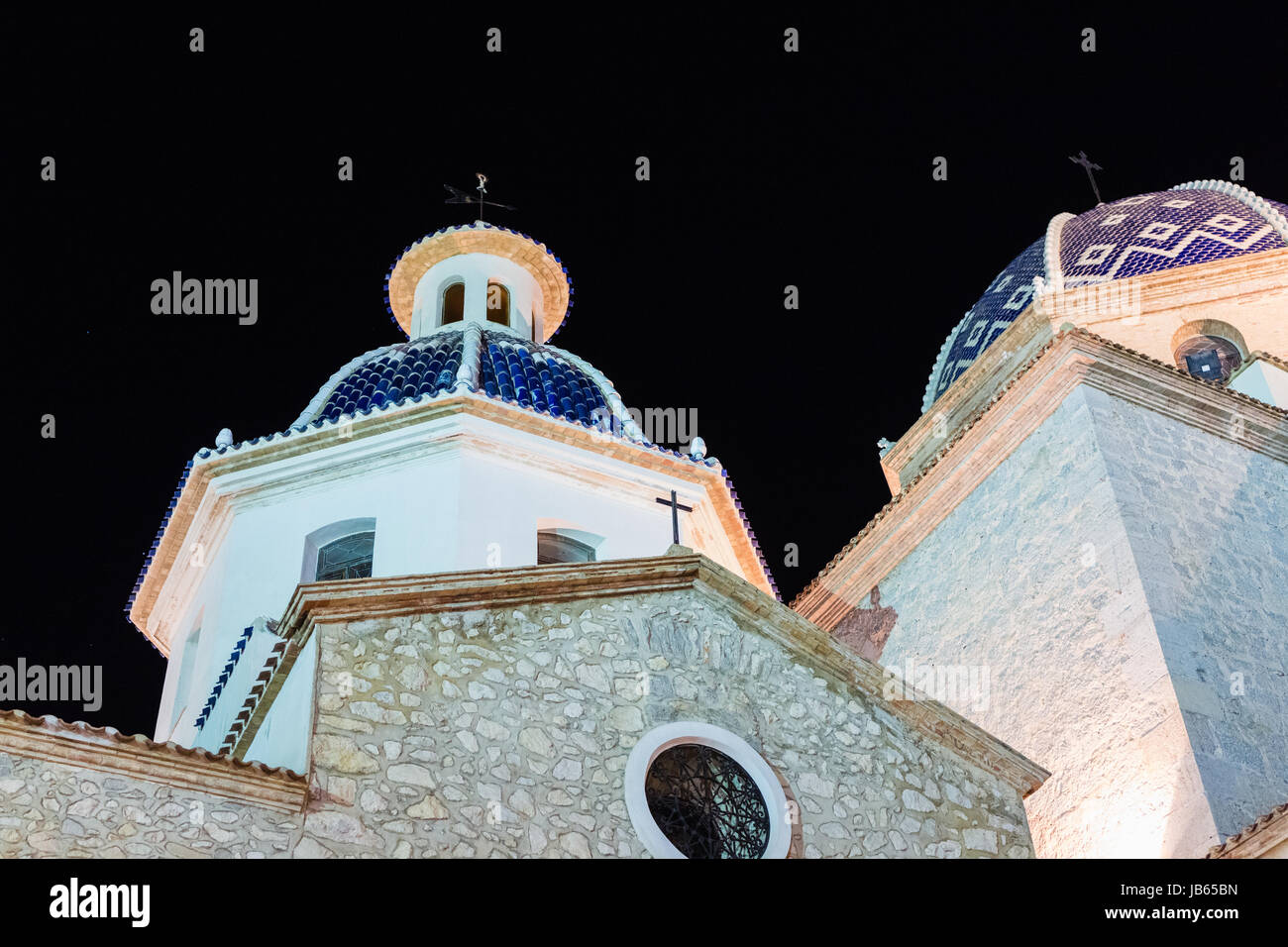 Cathedral of Altea illuminated at night, Alicante, Benidorm, Altea, Costa Blanca, Spain Stock Photo