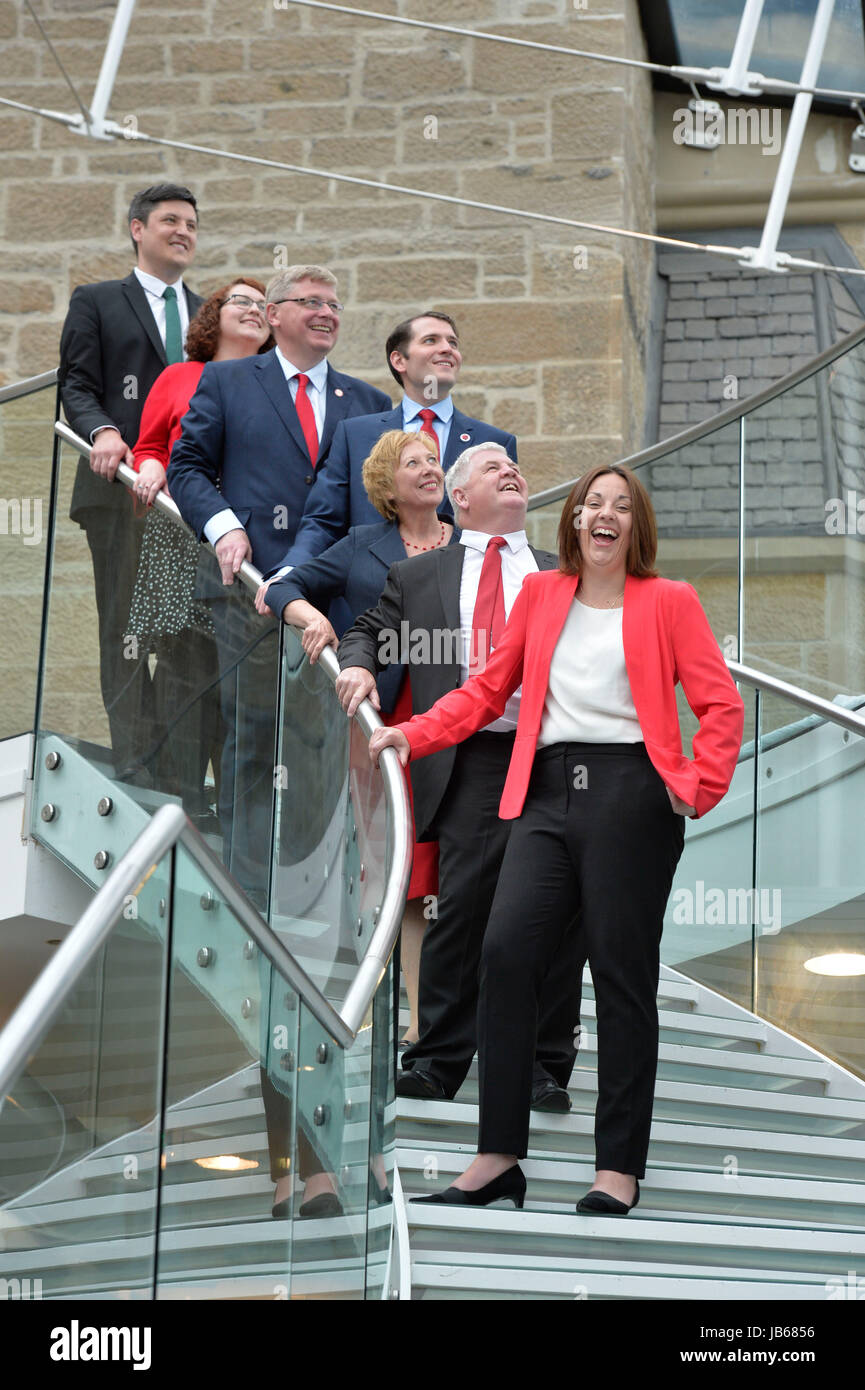 Scottish Labour MPs (left to right) Ged Killen, Danielle Rowley, Martin Whitfield, Paul Sweeney, Lesley Laird, Hugh Gaffney, Scottish Labour leader Kezia Dugdale after a press conference at the Rutherglen Town Hall, Glasgow. Stock Photo