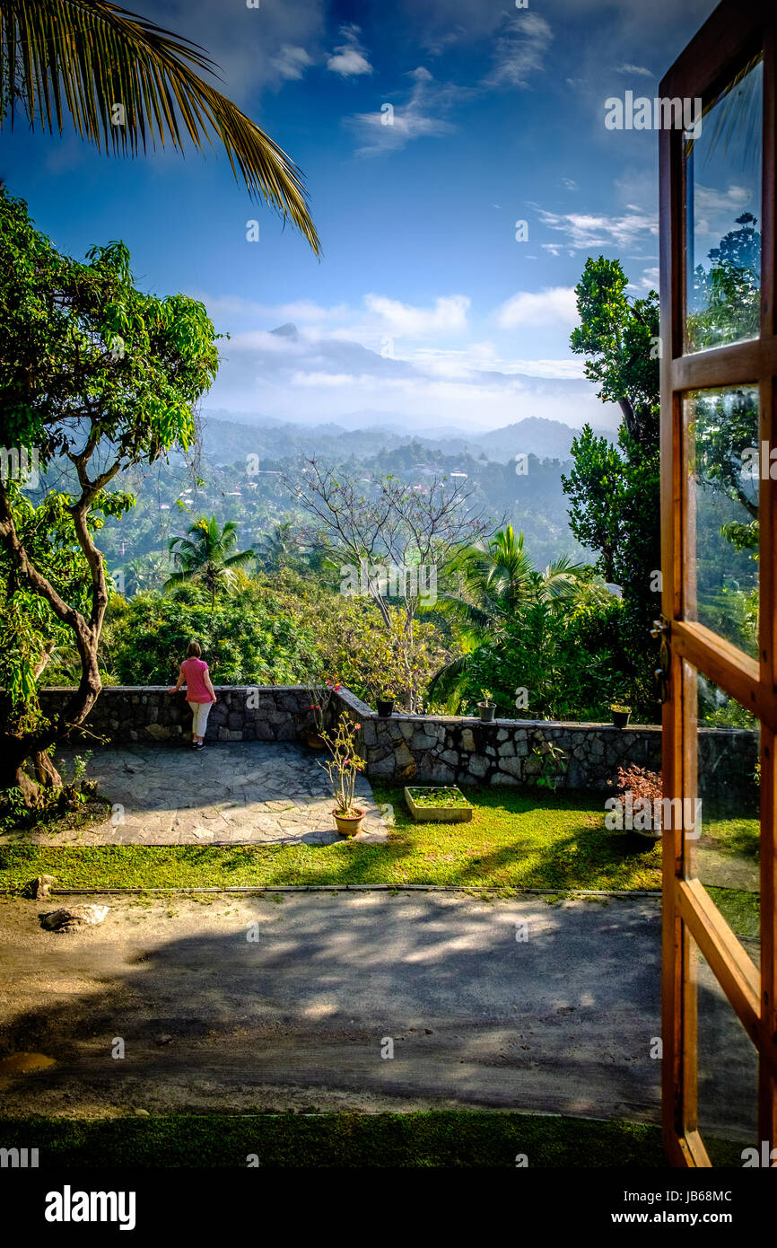 View from a window of the Knuckles Range of hills, Kandy, Sri Lanka Stock Photo