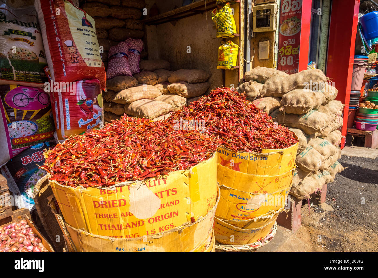 Red peppers on sale at a street market in Galle, Sri Lanka Stock Photo