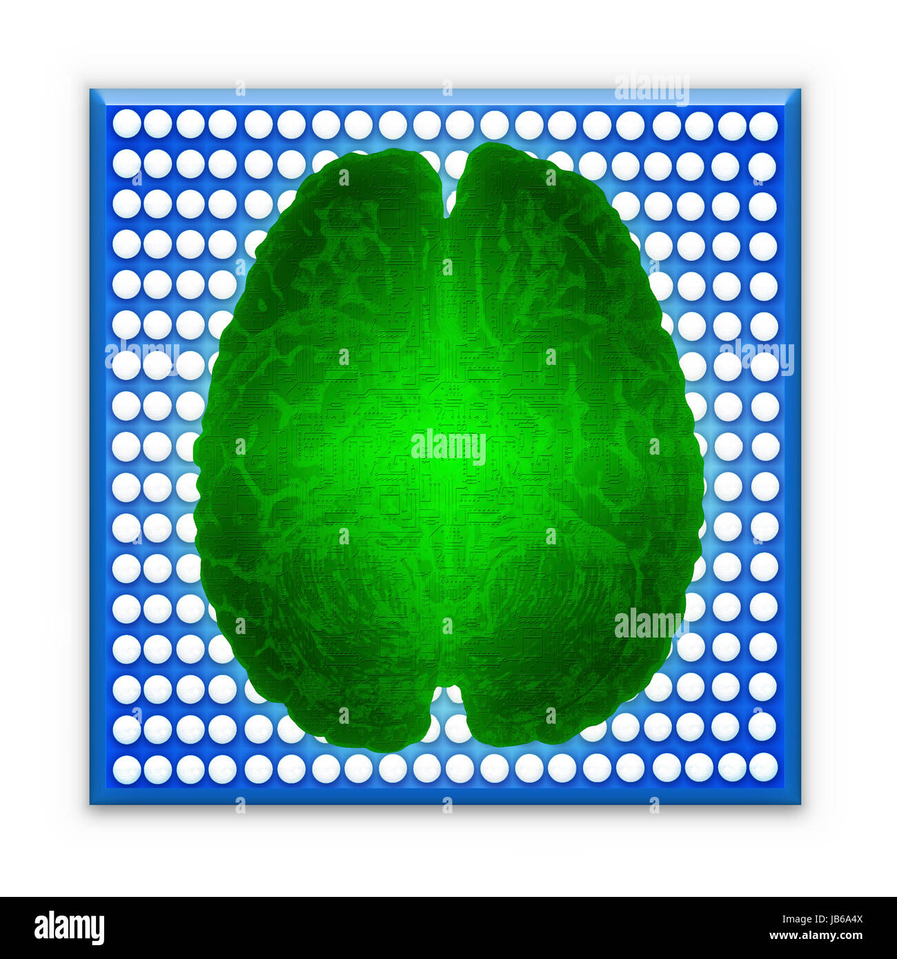 Artificial intelligence (AI) and High Tech Concept. Green glowing brain over blue microchip isolated on white background. Stock Photo