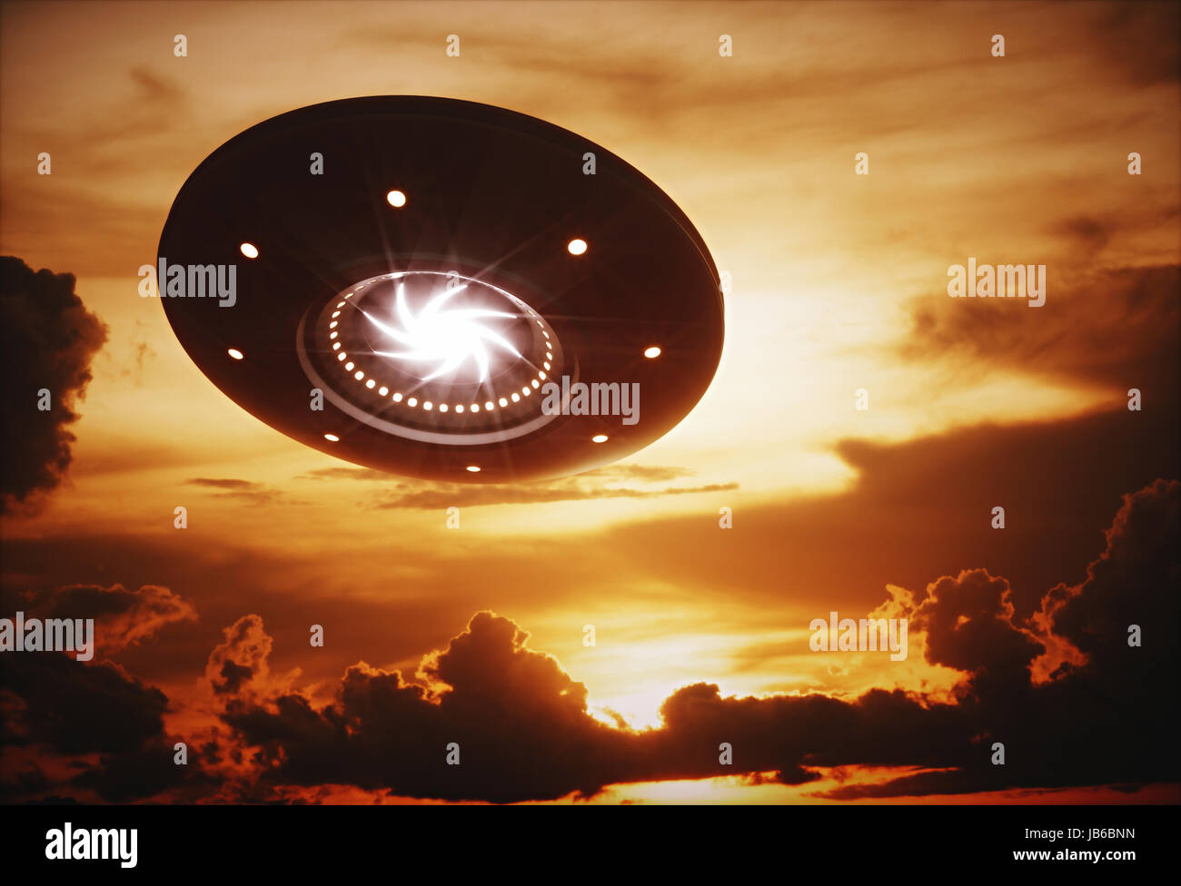 Ufo in sky, backlit, illustration. Stock Photo