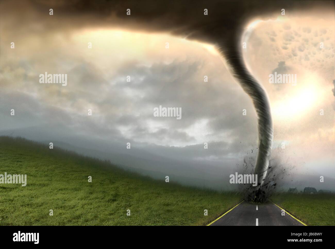 Tornado, artwork. At the base of the tornado is a debris cloud. A tornado is a violent rotating column of air characterised by a funnel-shaped cloud that forms within thunderstorms. They can measure up to 100 metres in diameter, contain winds moving at over 500 kilometres an hour, and cause widespread devastation Stock Photo