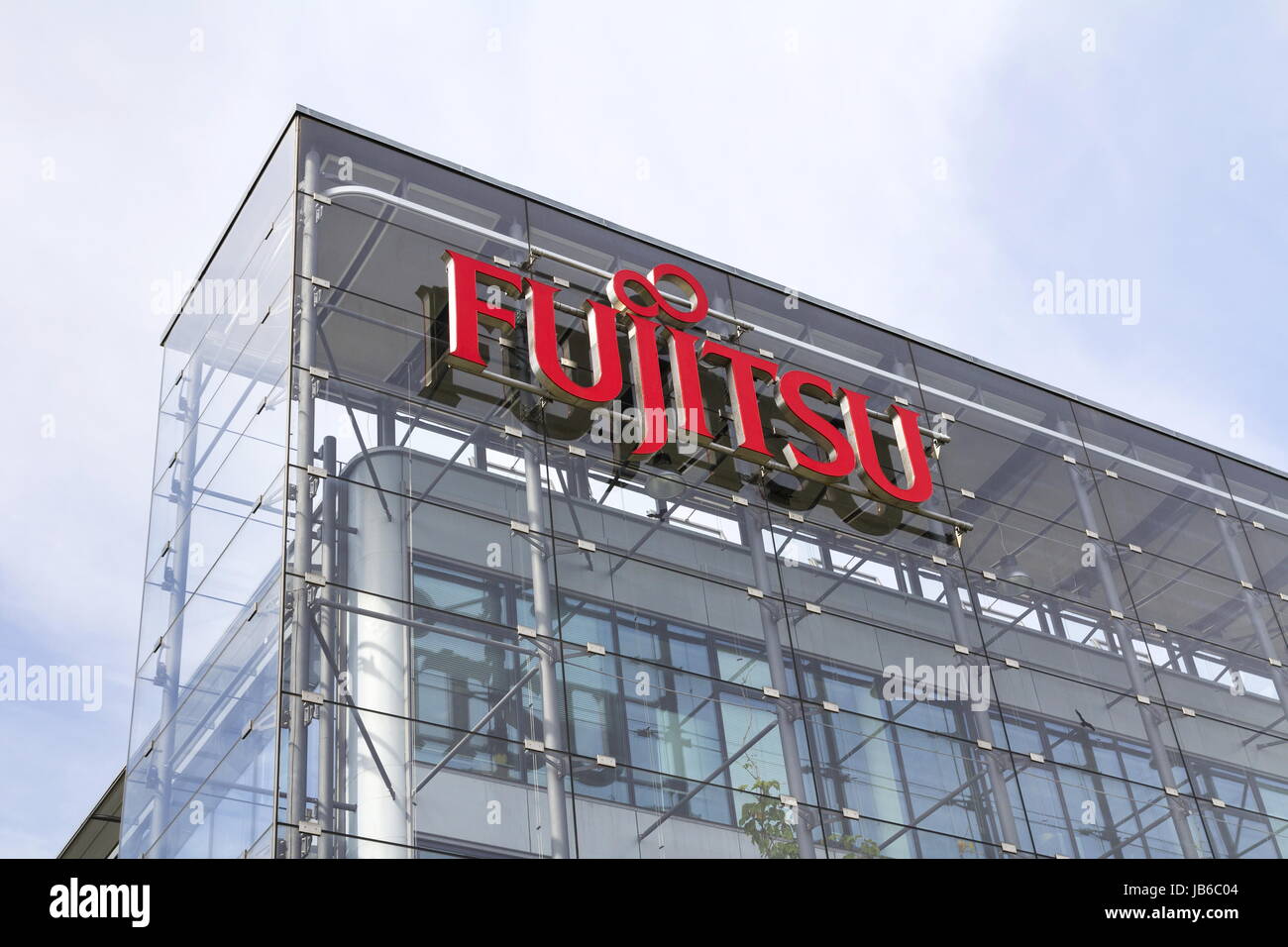 PRAGUE, CZECH REPUBLIC - MAY 22: Fujitsu company logo on headquarters building on May 22, 2017 in Prague, Czech republic. Stock Photo