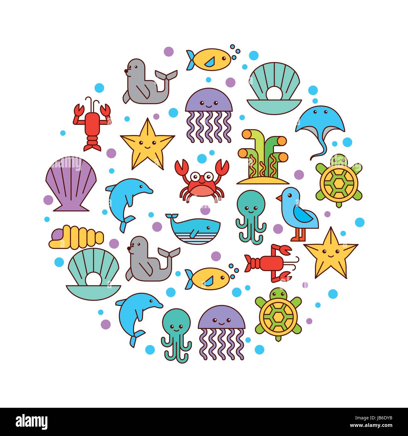 Sea Life Icons Set Flat Draw Stock Vector Image Art Alamy