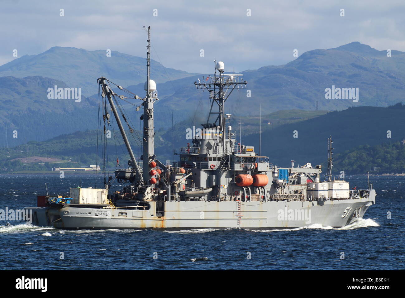 USNS Grasp (T-ARS-51), a Safeguard-class salvage vessel operated by the United States Navy, passing Gourock on its way to Faslane. Stock Photo