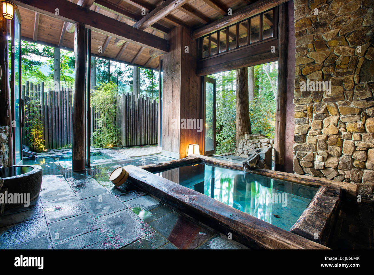 Japanese hot spring baths at Iwanoyu ryokan in Nagano, Japan Stock