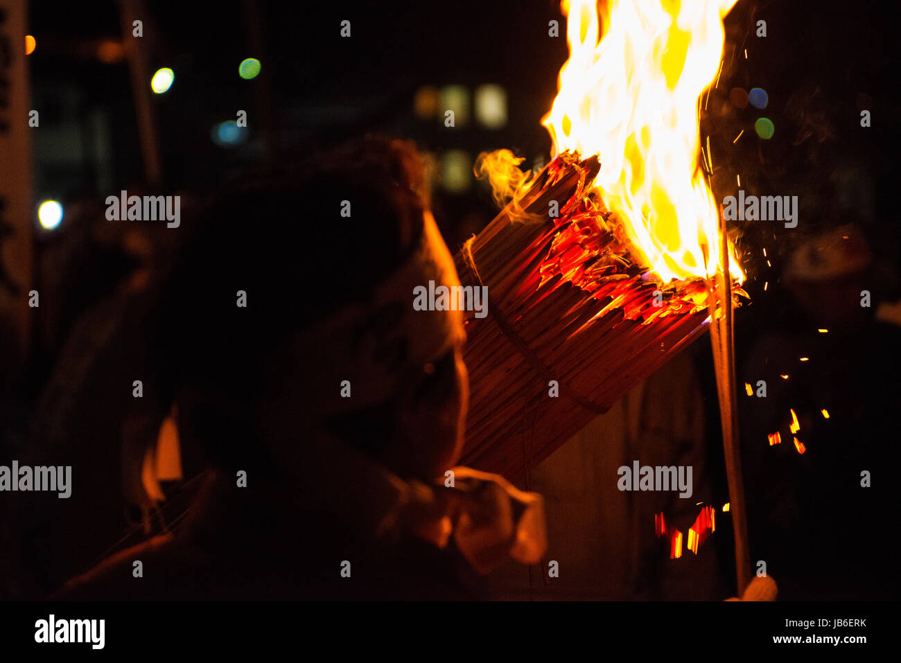 The fire festival, dosojin matsuri, at Nozawaonsen in Nagano, Japan Stock Photo