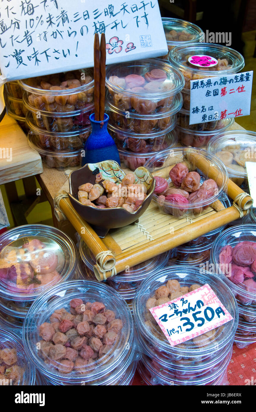 Umeboshi, or pickled plums, on sale at a stall near Haruna, Japan Stock