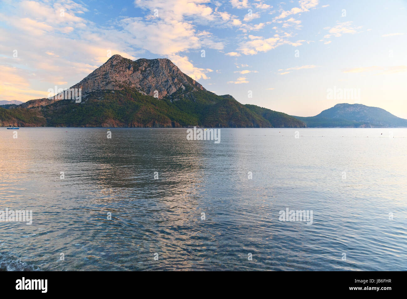 View on Moses Mountain from beach in Adrasan village in the morning. Antalya Province. Turkey Stock Photo