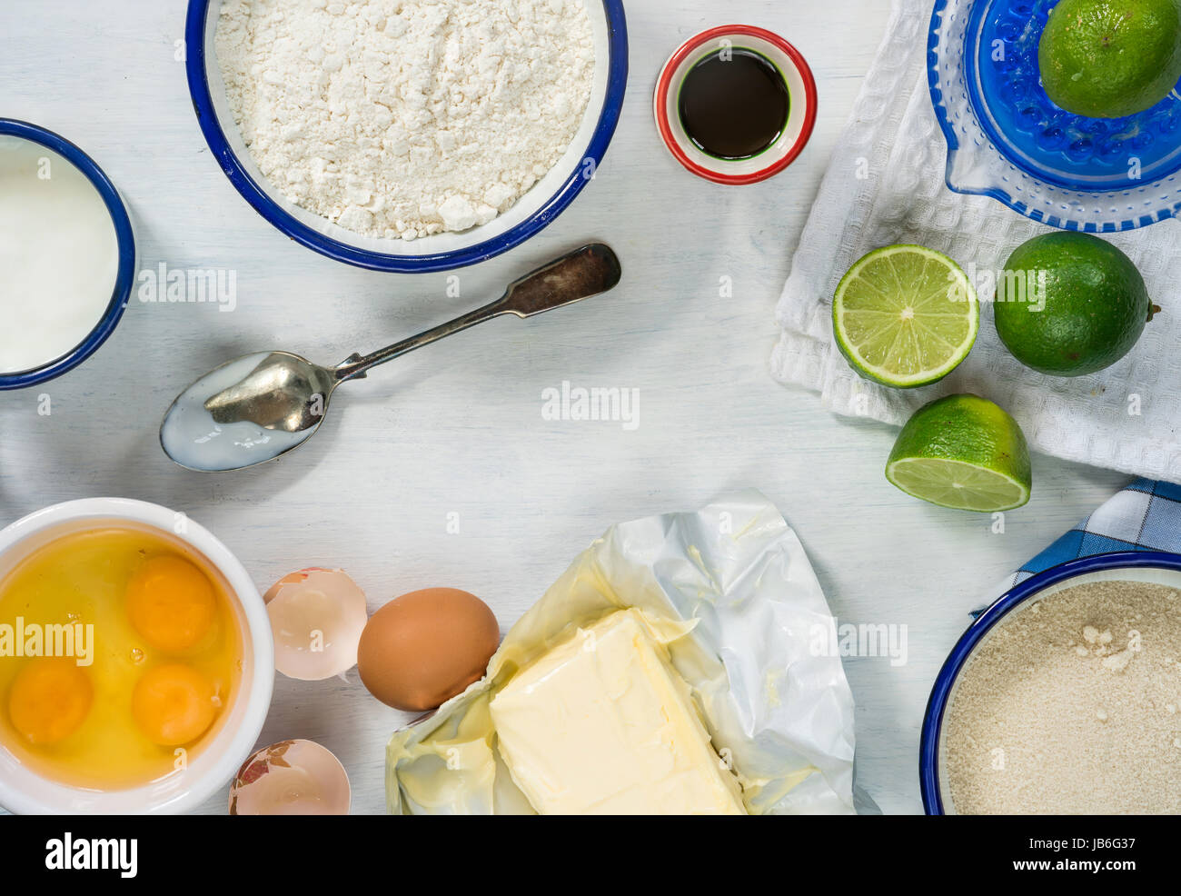 Ingredients for lime cake on white background - top view Stock Photo