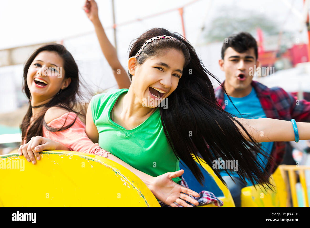 Happy 4 Teenager Friends Ride Train Fun Cheerful Amusement Park Stock ...