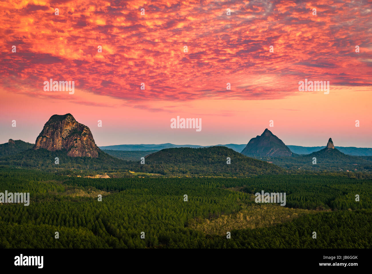 Sunrise over Glass House Mountains of Queensland Stock Photo Alamy