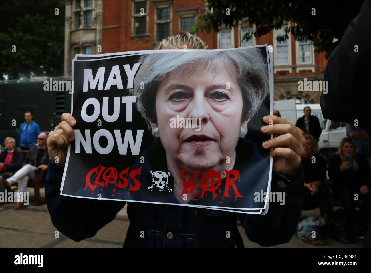 London UK. 9th Jun, 2017. A group Anti Theresa May protesters from Class War in Westminster following the general election result where the Conservative party did worse than forecast resulting in a hung parliament Credit: amer ghazzal/Alamy Live News Stock Photo