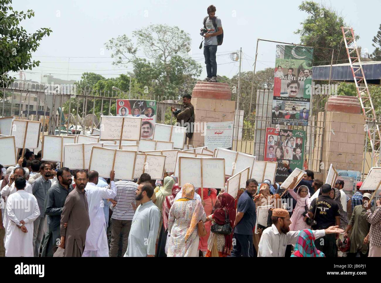 Union councilors, UC-Chairmen are holding protest demonstration led by Mayor Metropolitan, Wasim Akhtar against non issuance of budget, outside Sindh Assembly in Karachi on Friday, June 09, 2017. Stock Photo