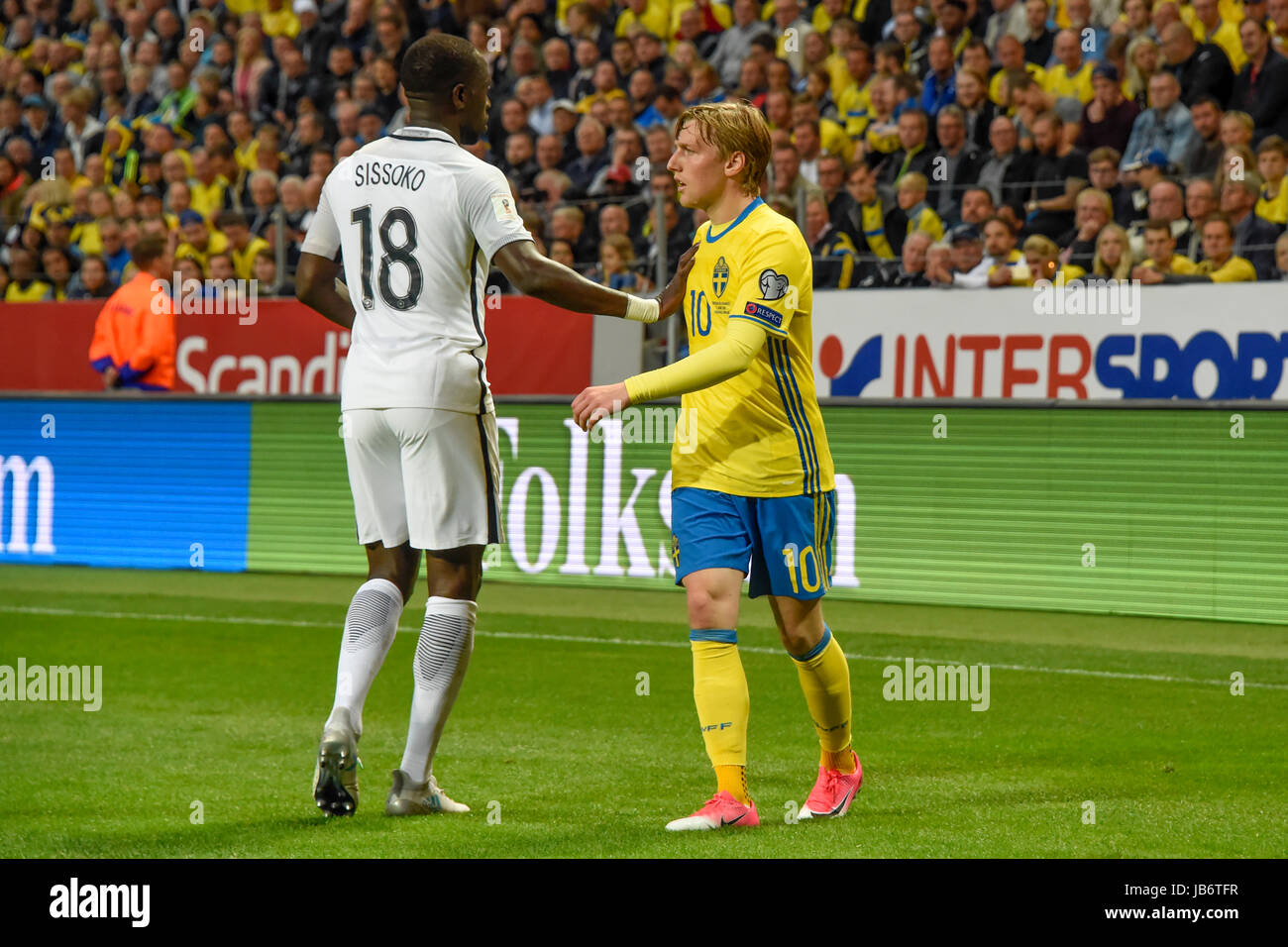 Stockholm, Sweden. 9th June, 2017. France 18 Moussa Sissoko puts his hand on Sweden 10 Emil Forsberg in the FIFA World Cup™ Qualifiers game between Sweden and France. Credit: Bror Persson/Frilansfotograferna/Alamy Live News Stock Photo