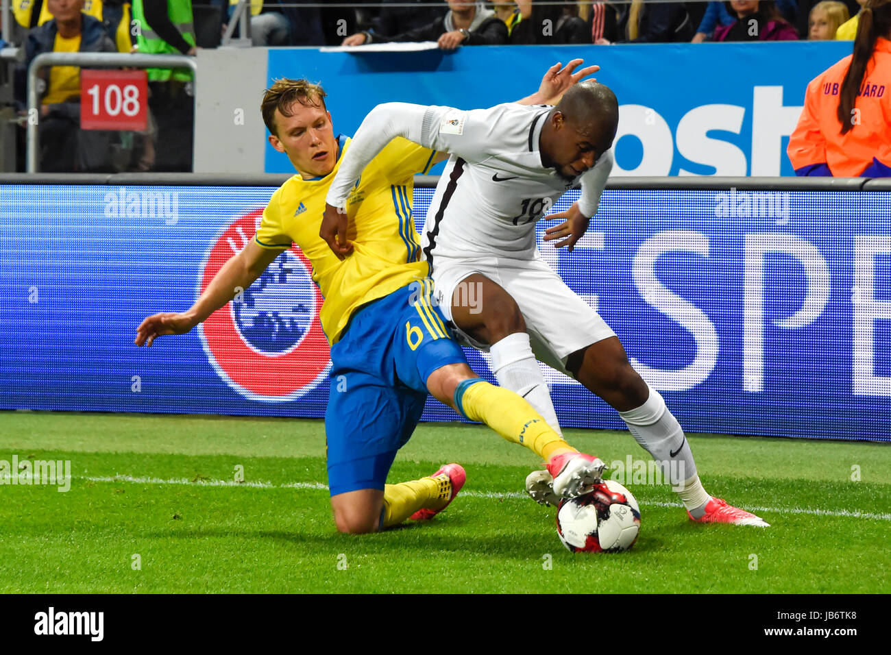Stockholm, Sweden. 9th June, 2017. Sweden 6 Ludwig Augustinsson and France 19 Djibril Sidibé In battle about the ball in the FIFA World Cup™ Qualifiers game between Sweden and France. Credit: Bror Persson/Frilansfotograferna/Alamy Live News Stock Photo