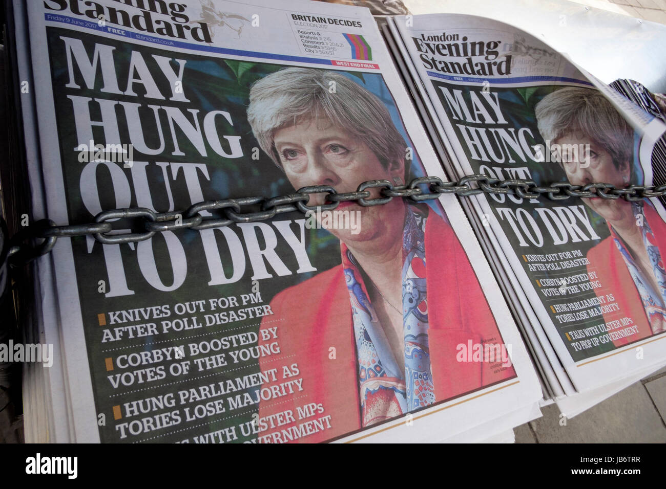 London, UK. 9th June, 2017. The London Evening Standard newspaper front page on the day after the UK General Election 2017. Stock Photo