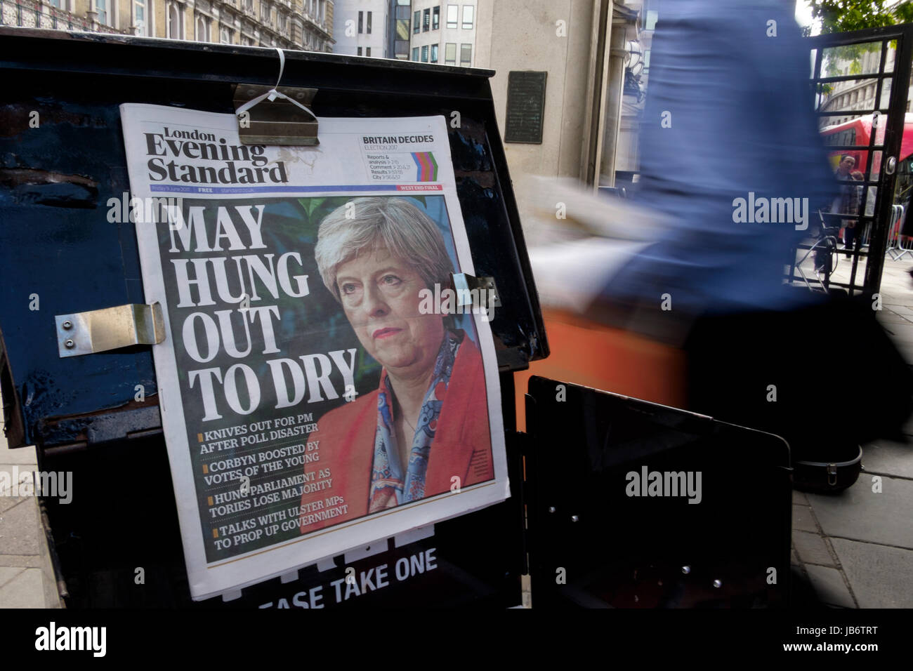 London, UK. 9th June, 2017. The London Evening Standard newspaper front page on the day after the UK General Election 2017. Stock Photo