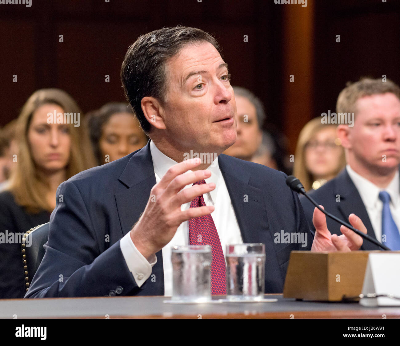 Former FBI Director James Comey testifies before United States Senate Select Committee on Intelligence on the Russian intervention in the 2016 Presidential election on Capitol Hill in Washington, DC on Thursday, June 8, 2017. Credit: Ron Sachs / CNP (RESTRICTION: NO New York or New Jersey Newspapers or newspapers within a 75 mile radius of New York City) Photo via Newscom Stock Photo