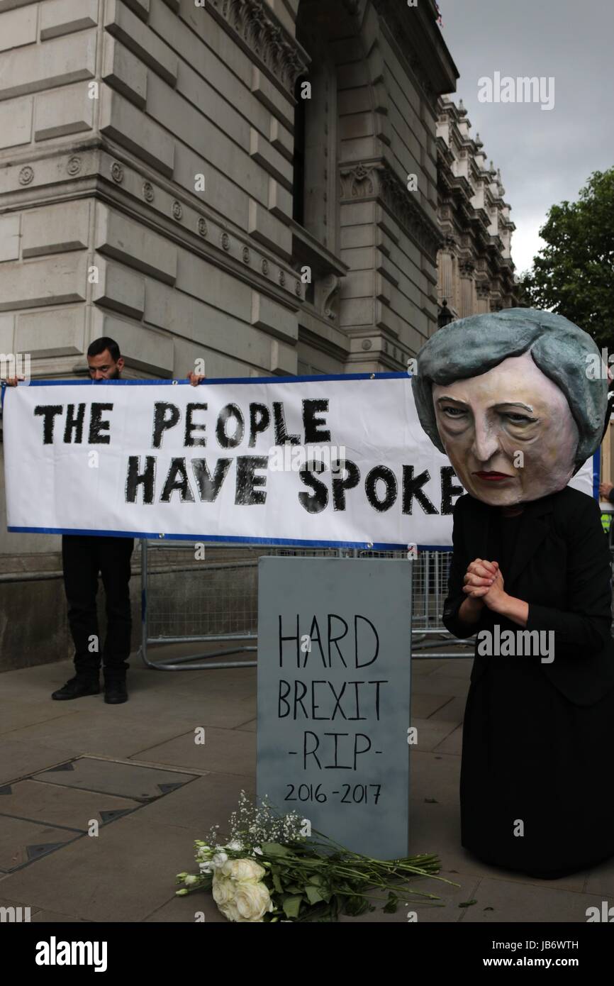 London, UK. 09th June, 2017. A small protest takes place outside Downing street after the snap election results in a hung parliament. Credit: Conall Kearney/Alamy Live News Stock Photo