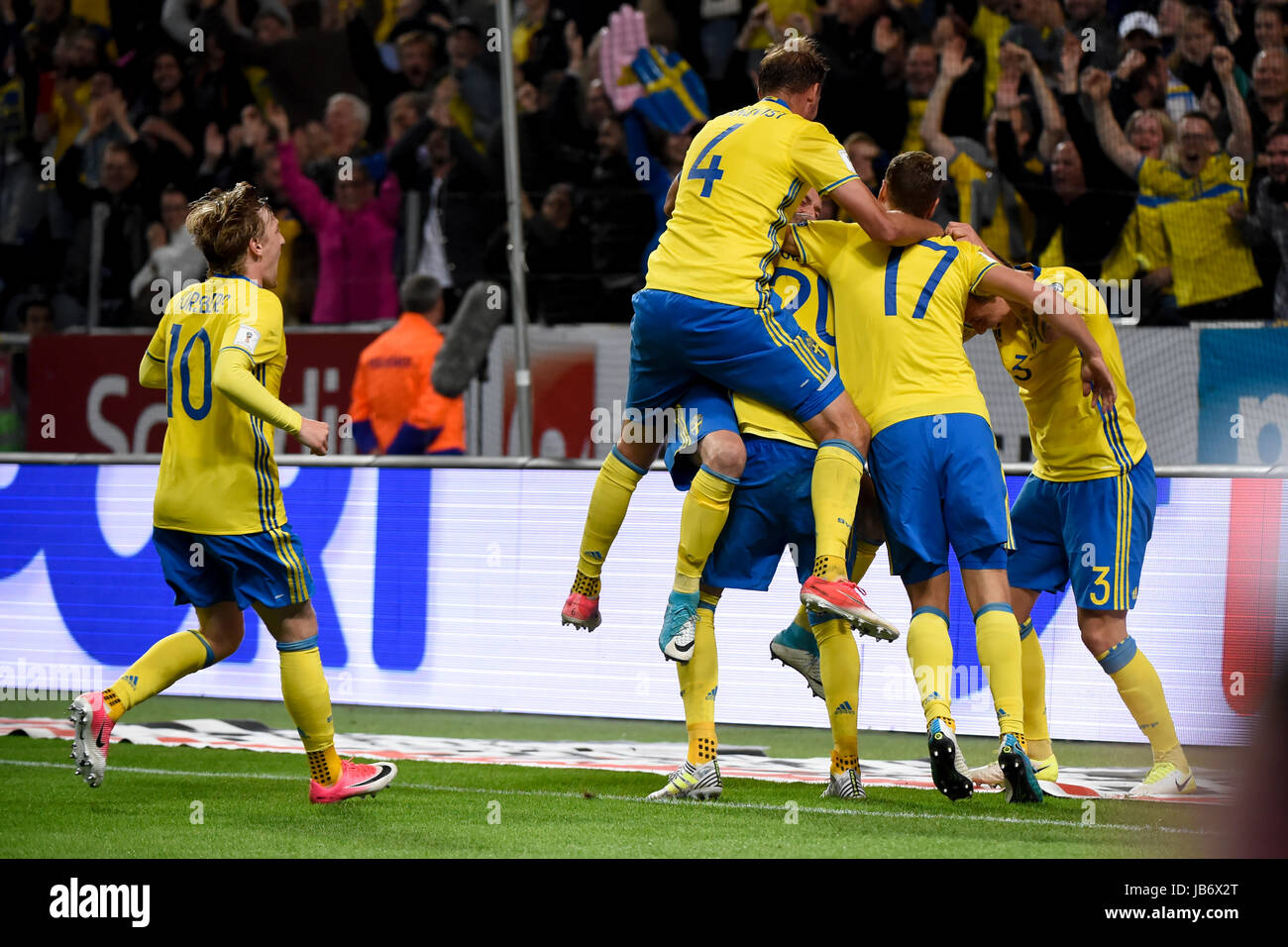 Stockholm, Sweden. 9th june, 2017. The Swedish team was very happy after the decive's goal in the qualifying game between Sweden and France. Credit: Johan Schefstrom/Frilansfotograferna/Alamy Live News Stock Photo