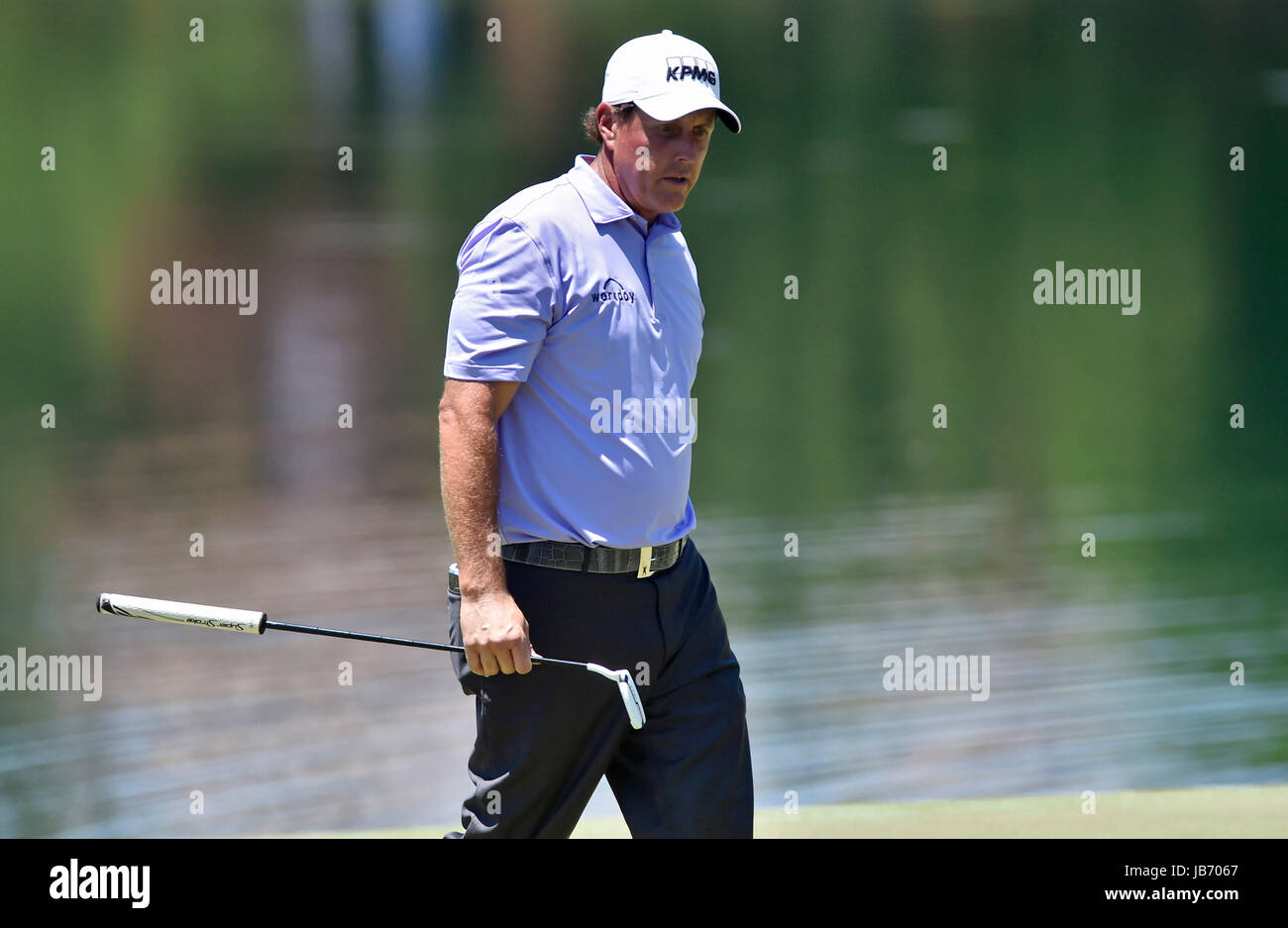 Memphis, TN, USA. 09th June, 2017. Phil Mickelson walks around the eighteenth green during the second round of the FedEx St. Jude Classic at TPC Southwind in Memphis, TN. Austin McAfee/CSM/Alamy Live News Stock Photo