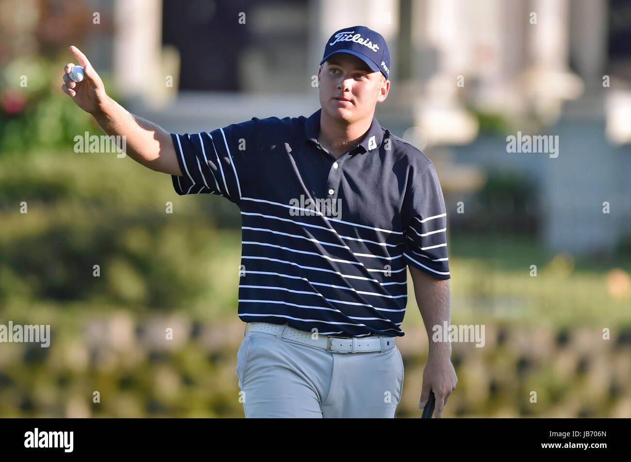 Memphis, TN, USA. 09th June, 2017. Braden Thornberry waves to the crowd after finishing at the eighteenth hole during the second round of the FedEx St. Jude Classic at TPC Southwind in Memphis, TN. Austin McAfee/CSM/Alamy Live News Stock Photo