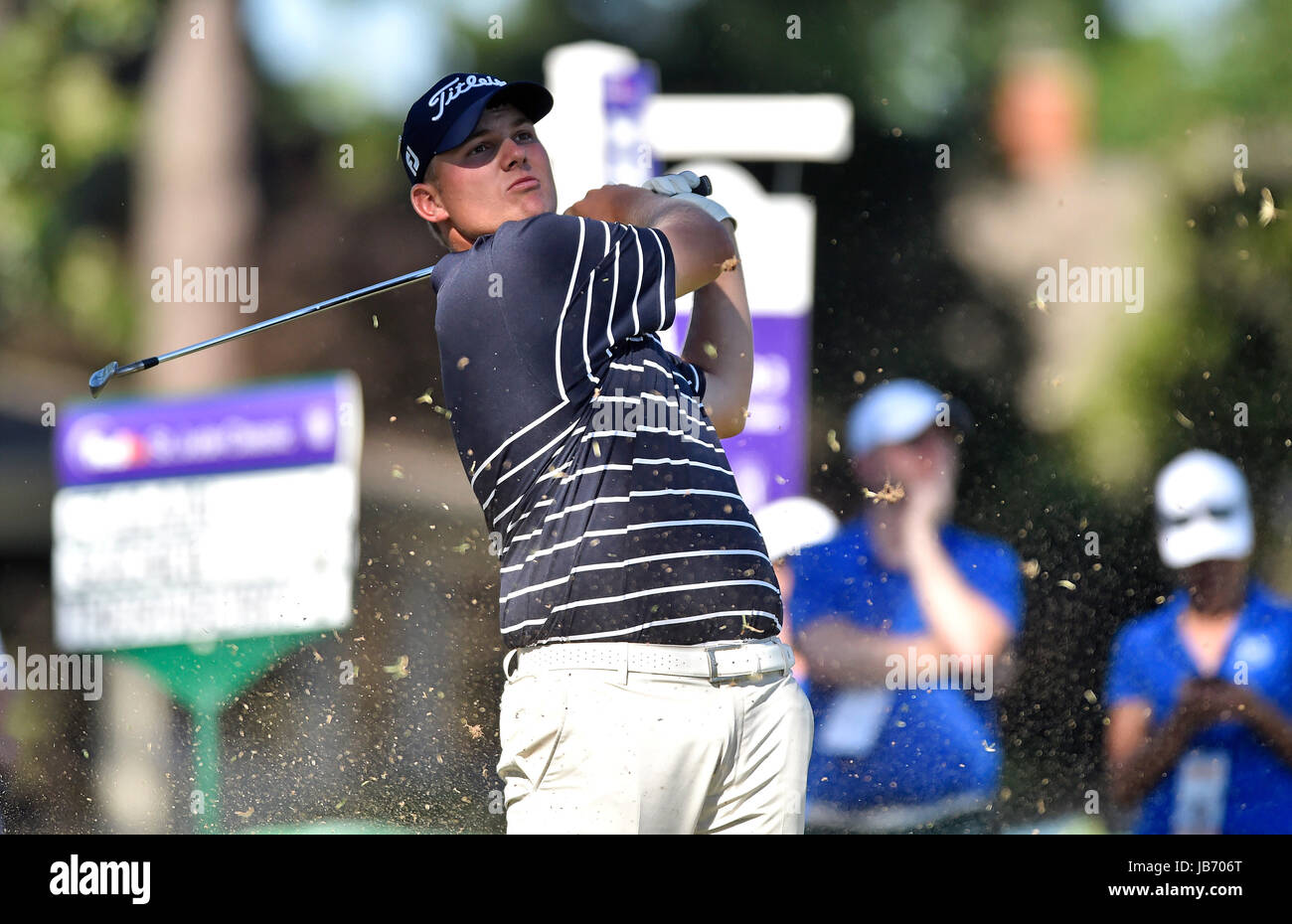 Memphis, TN, USA. 09th June, 2017. Braden Thornberry tees off from the eleventh tee box during the second round of the FedEx St. Jude Classic at TPC Southwind in Memphis, TN. Austin McAfee/CSM/Alamy Live News Stock Photo